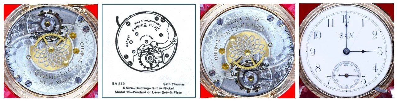 Compilation of: top plate of Seth Thomas Columbia - New York movement oriented for ease of reading markings / Ehrhardt American (EA) numbered drawing 819 / top plate oriented for ease of comparison to accompanying EA diagram / the movement’s dial