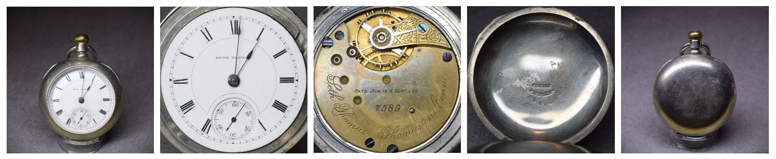 Compilation photo strip showing the cased movement front view, a full diameter view of the dial, a full diameter view of the top plate, a full diameter view of the manufacturer’s signature inside the back cover, the cased movement from the back.