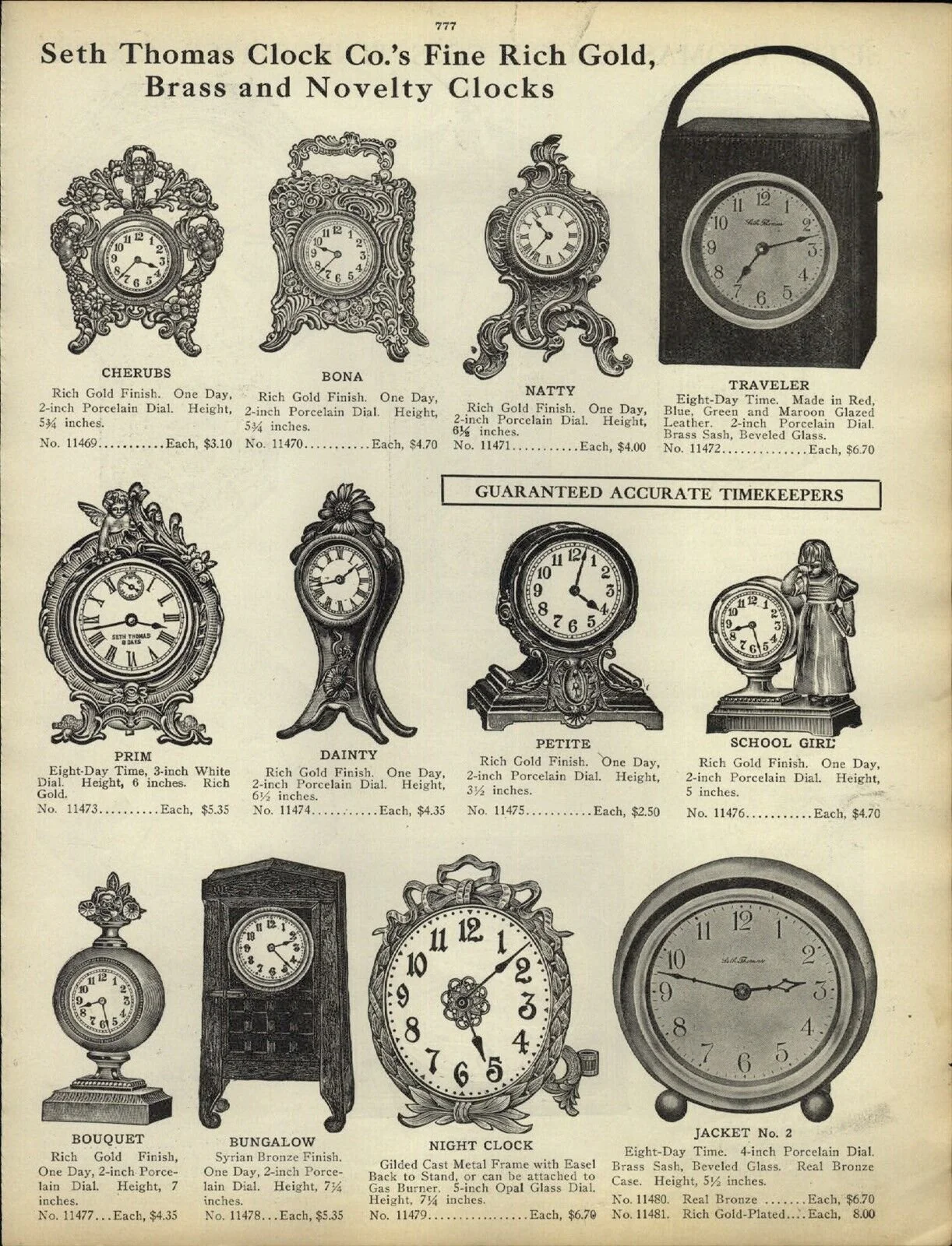 An advertisement showing twelve Seth Thomas clocks from an unidentified catalog including the Seth Thomas Traveler associate with travel and/or transportation applications.