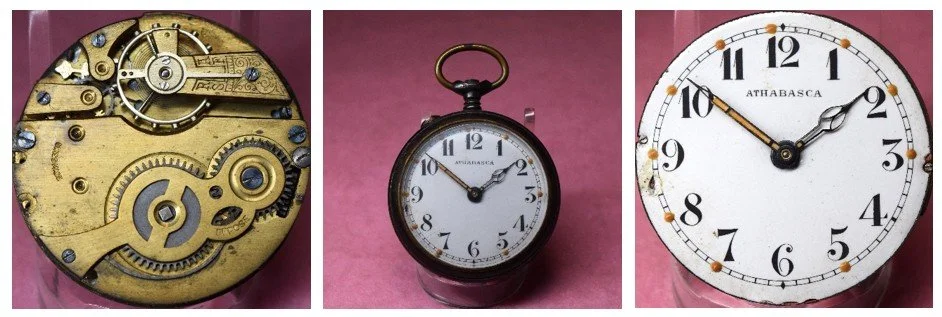 Compilation of: top plate of Athabasca movement oriented for ease of reading markings / full-frontal image of the exterior of the cased movment / the movement’s dial