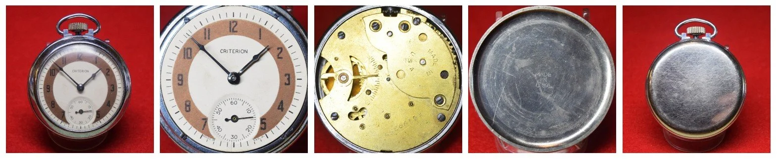 Compilation of full-frontal view of cased movement, full diameter view of dial, full diameter view of top plate, full diameter view of back cover, full view of back of case.