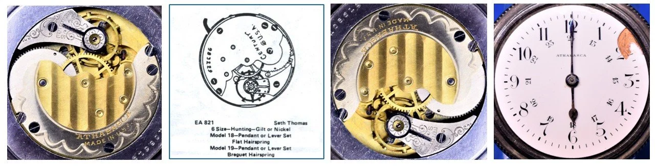 Compilation of: top plate of Athabasca movement oriented for ease of reading markings / Ehrhardt American (EA) numbered drawing 821 / top plate oriented for ease of comparison to accompanying EA diagram / the movement’s dial