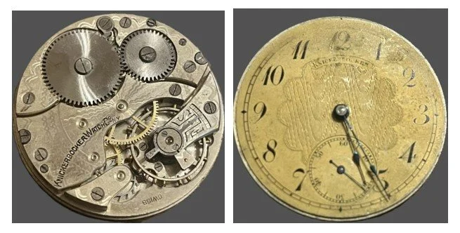 Compilation of top plate of subject movement oriented for ease of reading markings and the movement’s dial.
