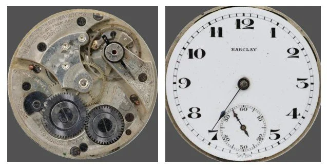 Compilation of top plate of subject movement oriented for ease of reading markings and the movement’s dial.