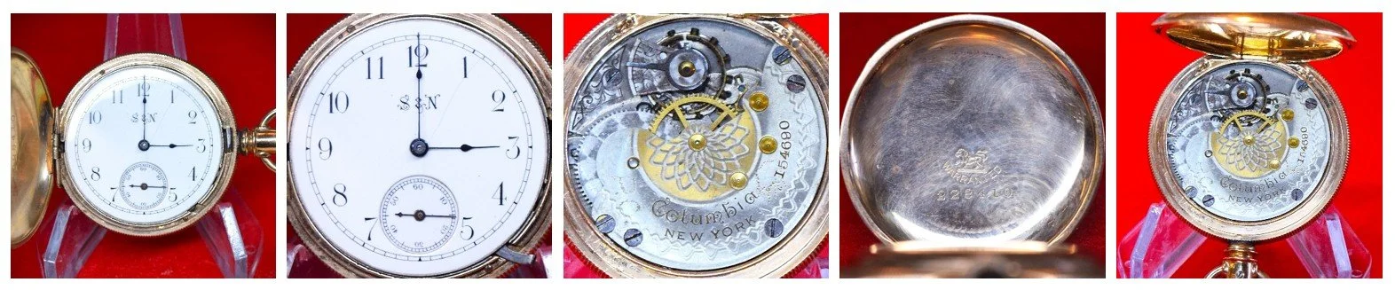 Compilation photo strip showing the cased movement front view, a full diameter view of the dial, a full diameter view of the top plate, a full diameter view of the manufacturer’s signature inside the back cover, the cased movement from the back.