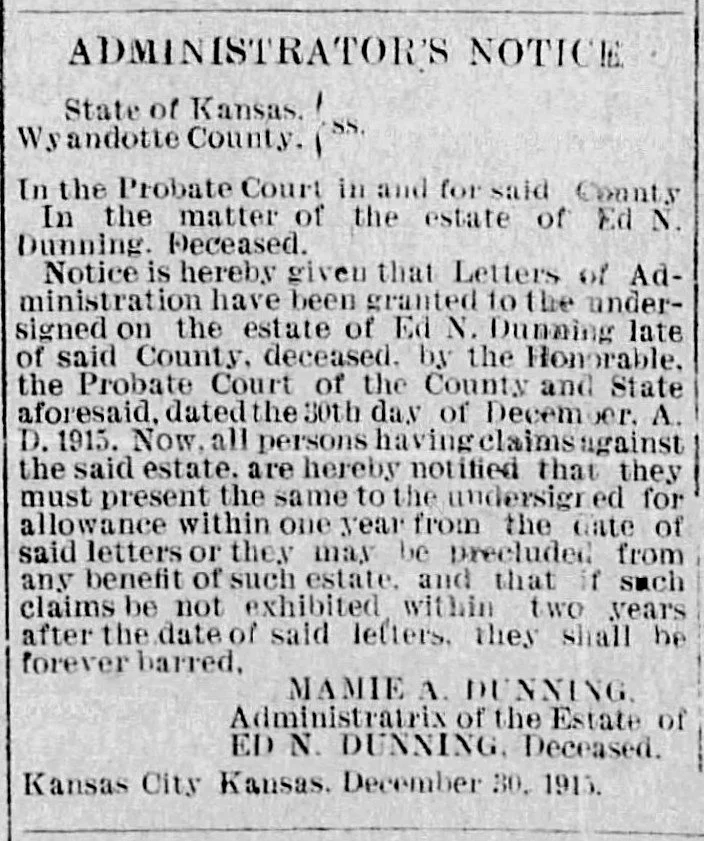 The Administrator’s Notice appeared in The Press on Friday December 31, 1915, on page 4.