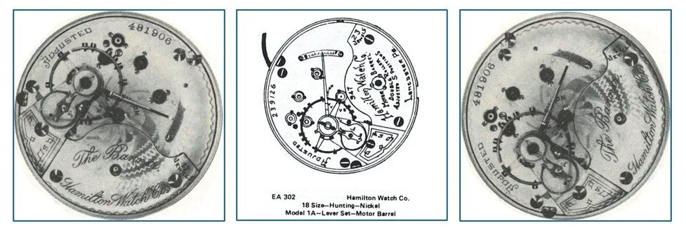 Compilation of: top plate of Banner movement oriented for ease of reading markings / Ehrhardt American (EA) numbered drawing 302 / top plate oriented for ease of comparison to accompanying EA diagram