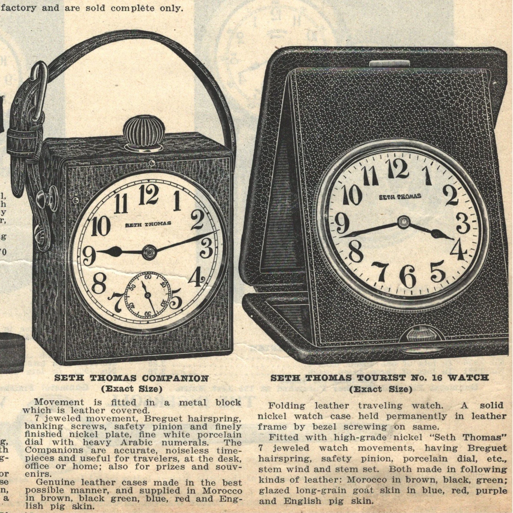 Closeup of section of the advertisement showing the Seth Thomas Companion, and Seth Thomas Tourist both associated with travel or transportation applications.