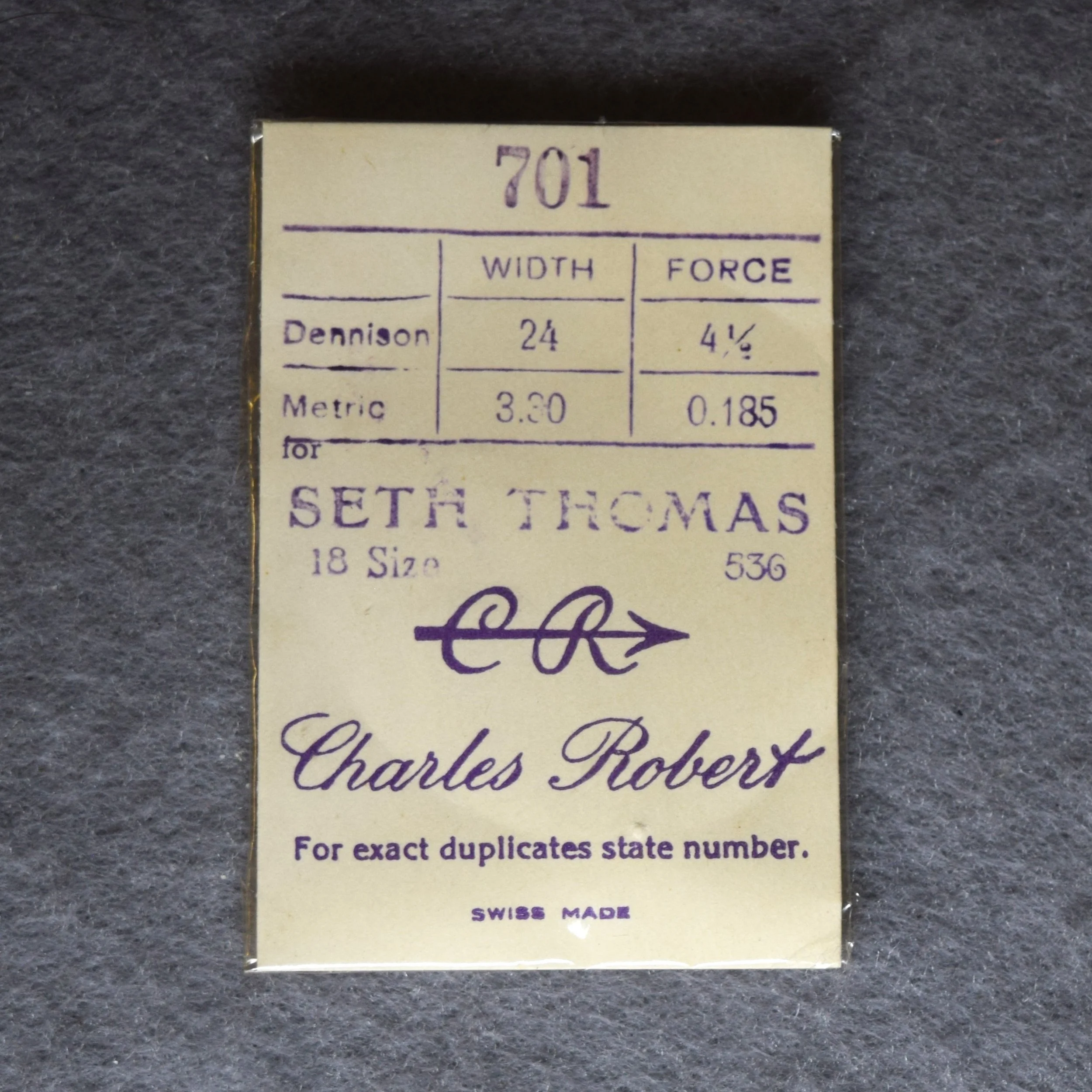 Charles Robert Mainspring Package No. 701 – for Seth Thomas 18-size Factory No. 536, 3.30 centimeters wide, 0.185 thick, or, 24 wide, 4½ thick Dennison gauge
