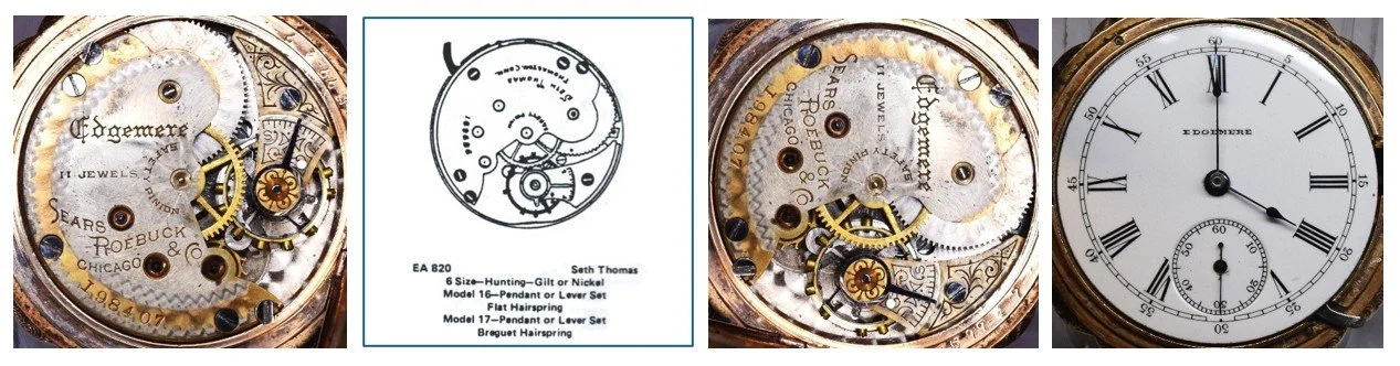 Compilation of: top plate of Edgemere movement oriented for ease of reading markings / Ehrhardt American (EA) numbered drawing 820 / top plate oriented for ease of comparison to accompanying EA diagram / the movement’s dial