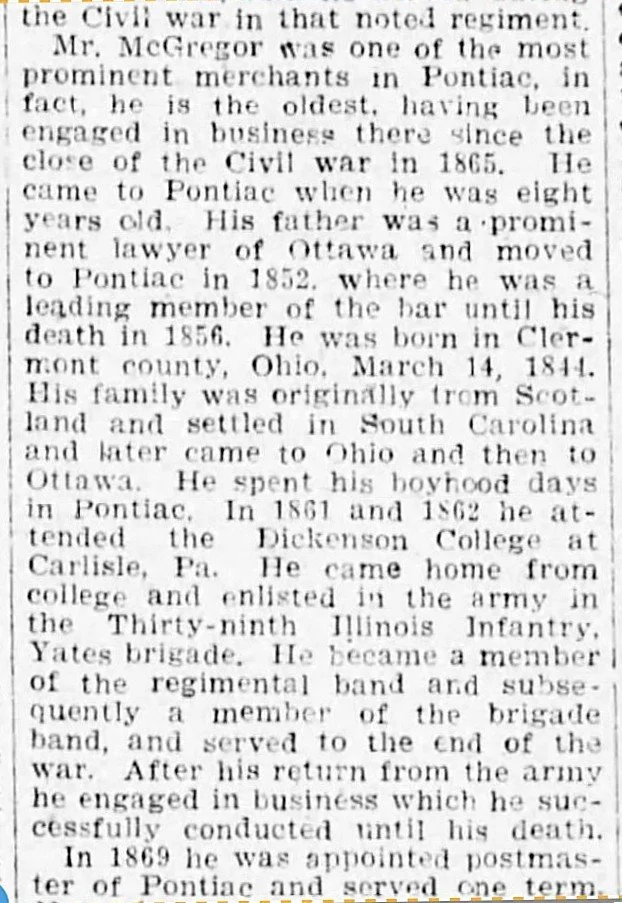 The obituary of Charles McGregor appeared in The Pantagraph on Thursday December 16, 1920, on page 5.