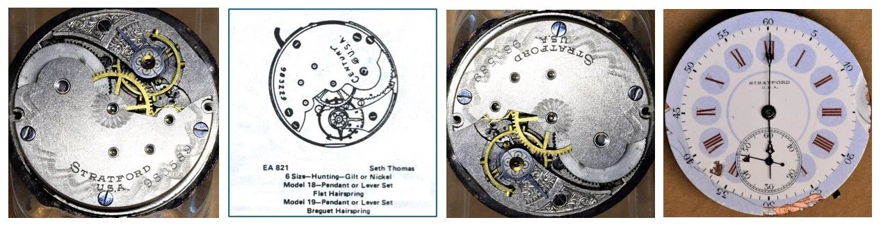 Compilation of: top plate of Stratford movement oriented for ease of reading markings / Ehrhardt American (EA) numbered drawing 821 / top plate oriented for ease of comparison to accompanying EA diagram / the movement’s dial