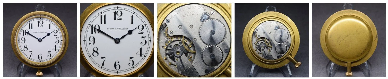 Compilation photo strip showing the cased movement front view, a full diameter view of the dial, a full diameter view of the top plate, a full diameter view of the manufacturer’s signature inside the back cover, the cased movement from the back.
