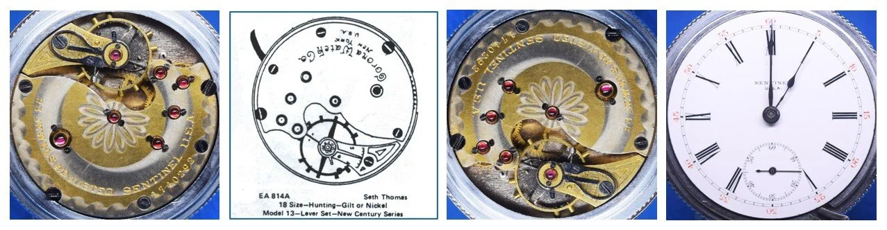Compilation of: top plate of Sentinel movement oriented for ease of reading markings / Ehrhardt American (EA) numbered drawing 814A / top plate oriented for ease of comparison to accompanying EA diagram / the movement’s dial