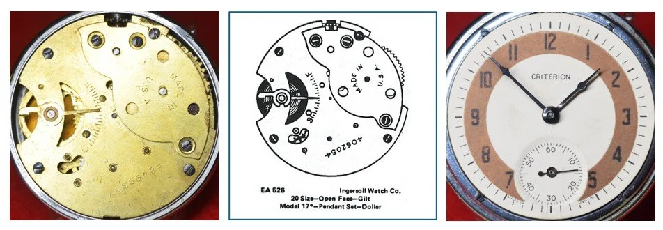 Compilation of: top plate of Criterion movement oriented for ease of reading markings / Ehrhardt American (EA) numbered drawing 526 / top plate oriented for ease of comparison to accompanying EA diagram