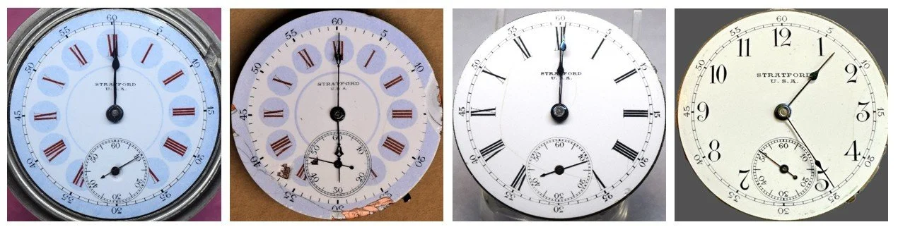 Compilation of four Stratford USA dials of differing design and sizes.