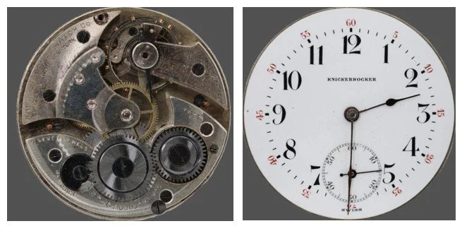 Compilation of top plate of subject movement oriented for ease of reading markings and the movement’s dial.