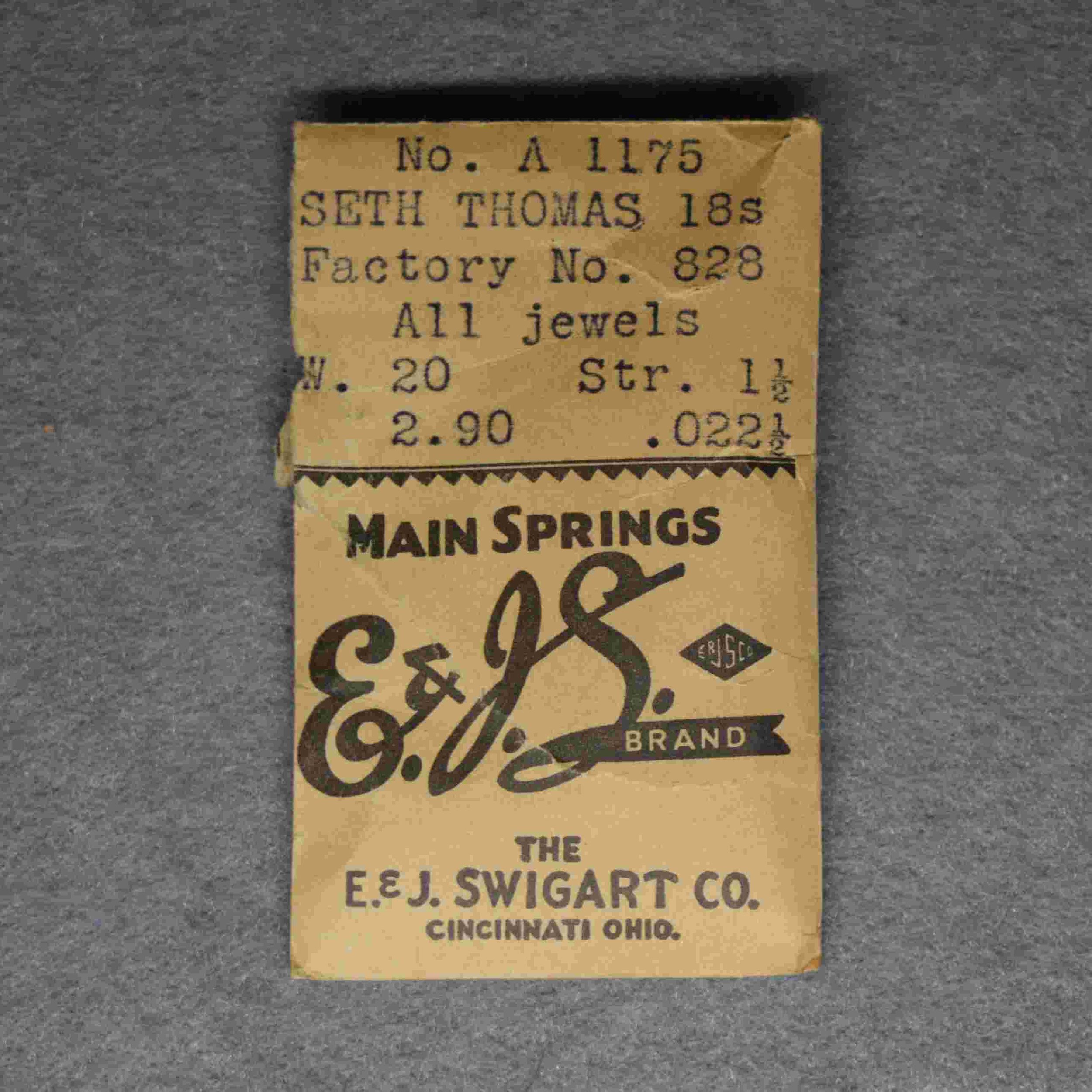 E. & J. Swigart Co. Mainspring Package No. A 1175 – for Seth Thomas 18-size Factory No. 828, 20 wide, 1½ thick Dennison gauge; .22½