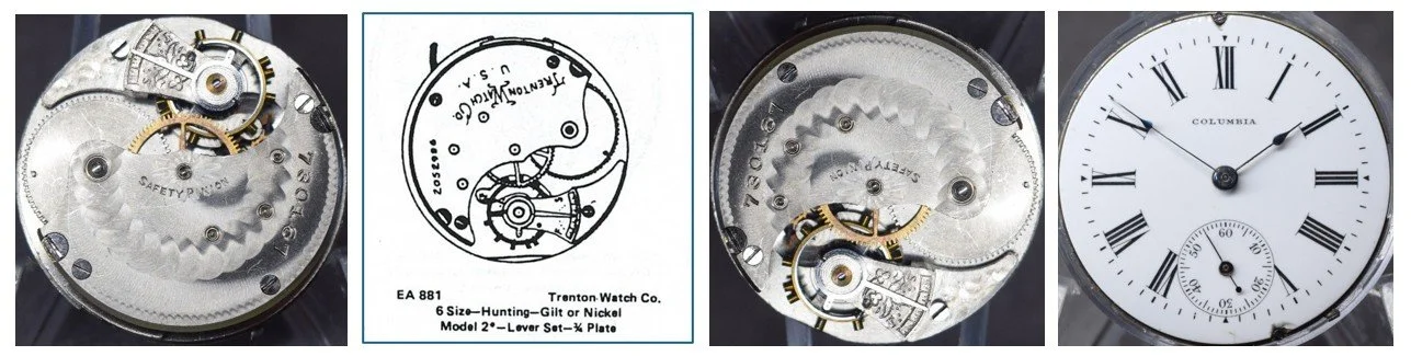 Compilation of top plate of subject movement oriented for ease of reading markings / Ehrhardt American (EA) numbered drawing / top plate oriented for ease of comparison to accompanying EA diagram / the movement’s dial