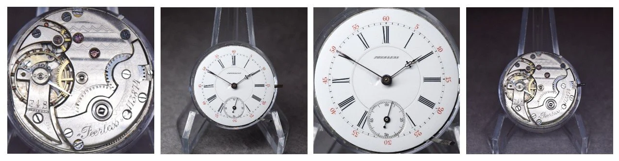 Compilation of top plate of subject movement oriented for ease of reading markings and the movement’s dial.