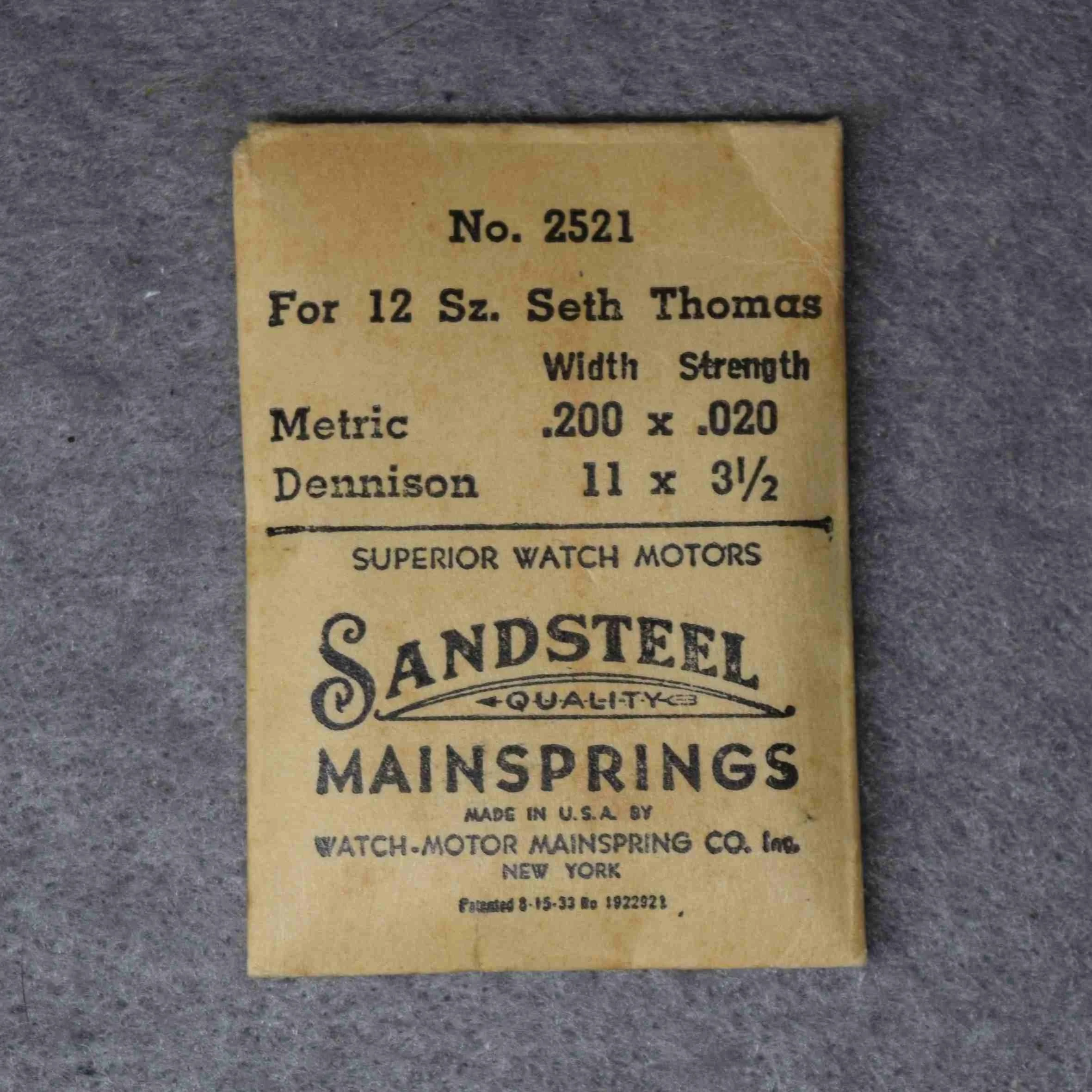 Sandsteel Mainspring Package No. 2521 – Seth Thomas 12-size, 2.00 millimeters wide, .20 thick, or, 11 wide, 3½ thick Dennison gauge