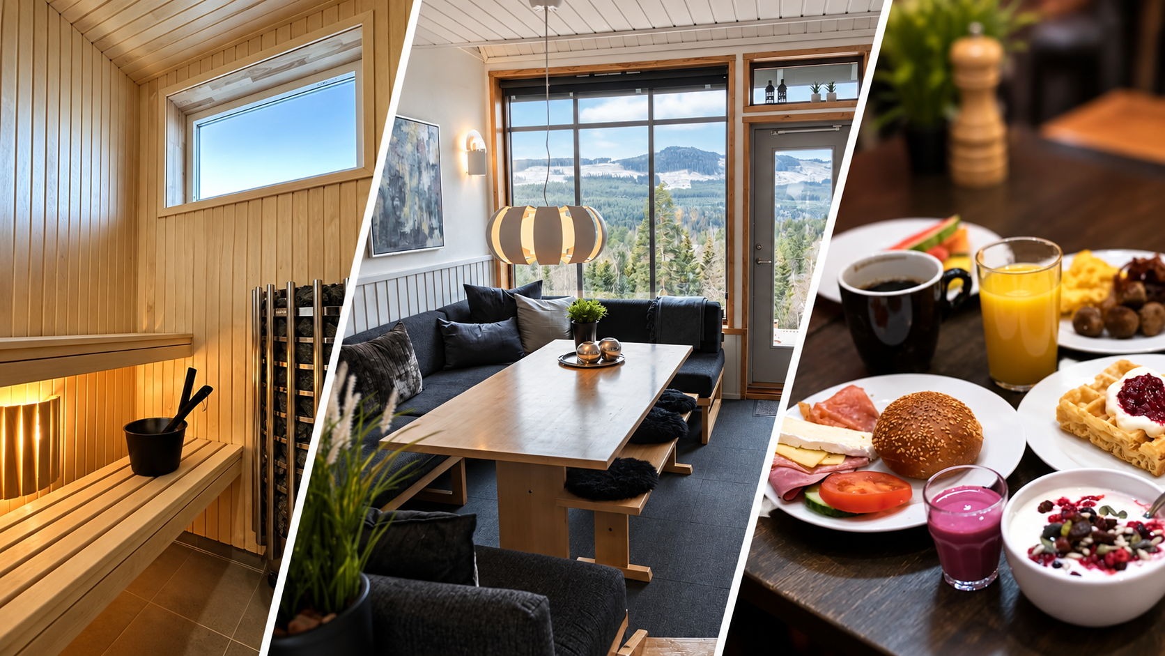 Billede af et wellness-område med sauna, hyggeligt boligkøkken med udsigt over naturen, og et morgenbord med kaffe, juice, brød og morgenmad.
