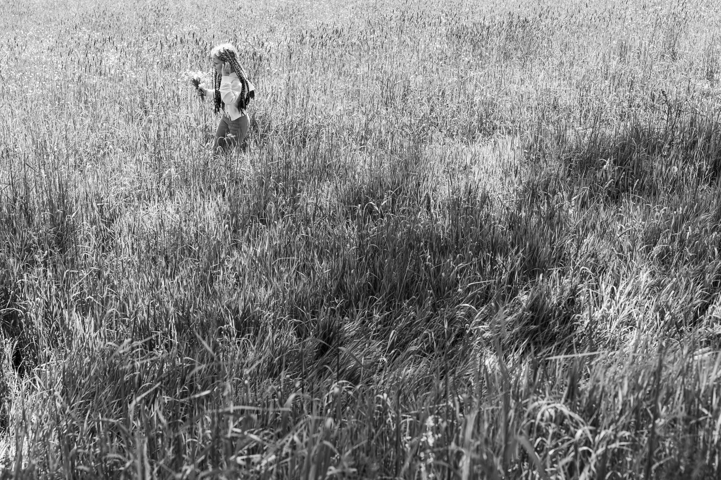 Ein Mädchen mit Zopf im langen Gras, das eine Blume hält.