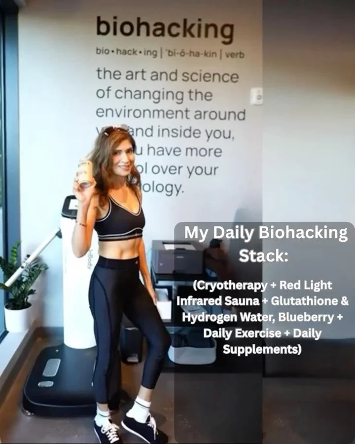 My Daily Biohacking Stack:
(Cryotherapy + Red Light Infrared Sauna + Glutathione &amp; Hydrogen Water, Blueberry + Daily Exercise + Daily Supplements)