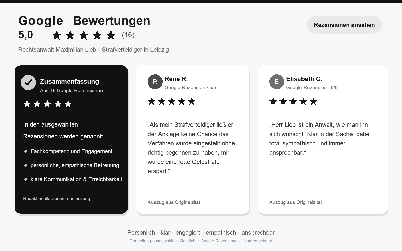 Grafik mit Google-Bewertungen für Rechtsanwalt Maximilian Lieb in Leipzig: 5,0 Sterne aus 16 Rezensionen und ausgewählte Mandantenstimmen zur Strafverteidigung.
