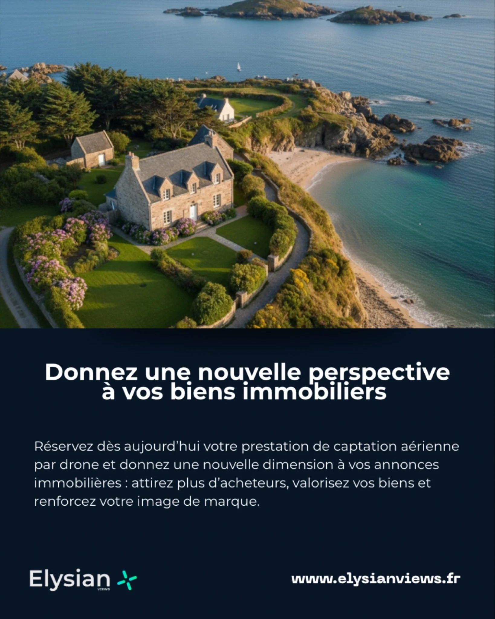 Aujourd&rsquo;hui, la premi&egrave;re impression se joue en quelques secondes.

Les prises de vue a&eacute;riennes permettent de mieux situer un bien, de comprendre son environnement et d&rsquo;apporter une lecture plus claire de l&rsquo;annonce.
Un 