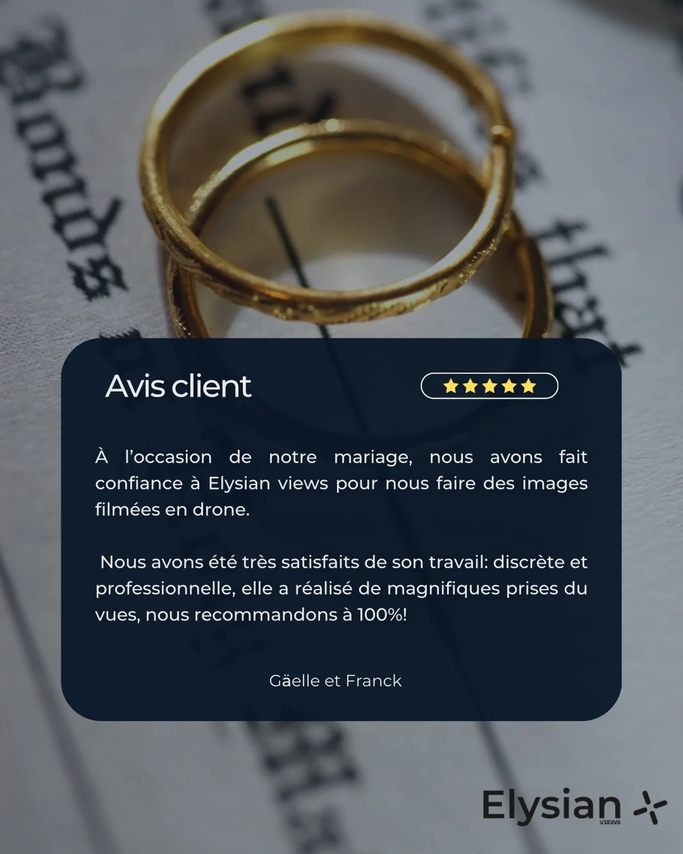 ✨ Un t&eacute;moignage client qui refl&egrave;te notre engagement

Chez Elysian Views, nous avons &agrave; c&oelig;ur de capturer chaque moment important avec pr&eacute;cision et cr&eacute;ativit&eacute;. Couvrir un mariage vu du ciel est pour nous u