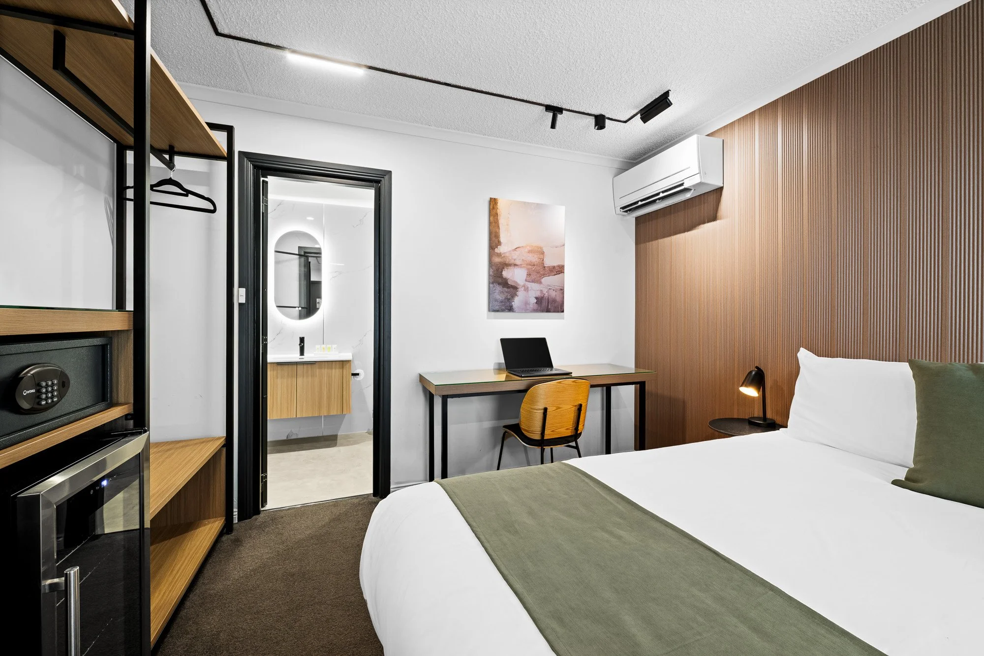 Accommodation photography Victoria modern motel bedroom interior styled for Airbnb and property marketing