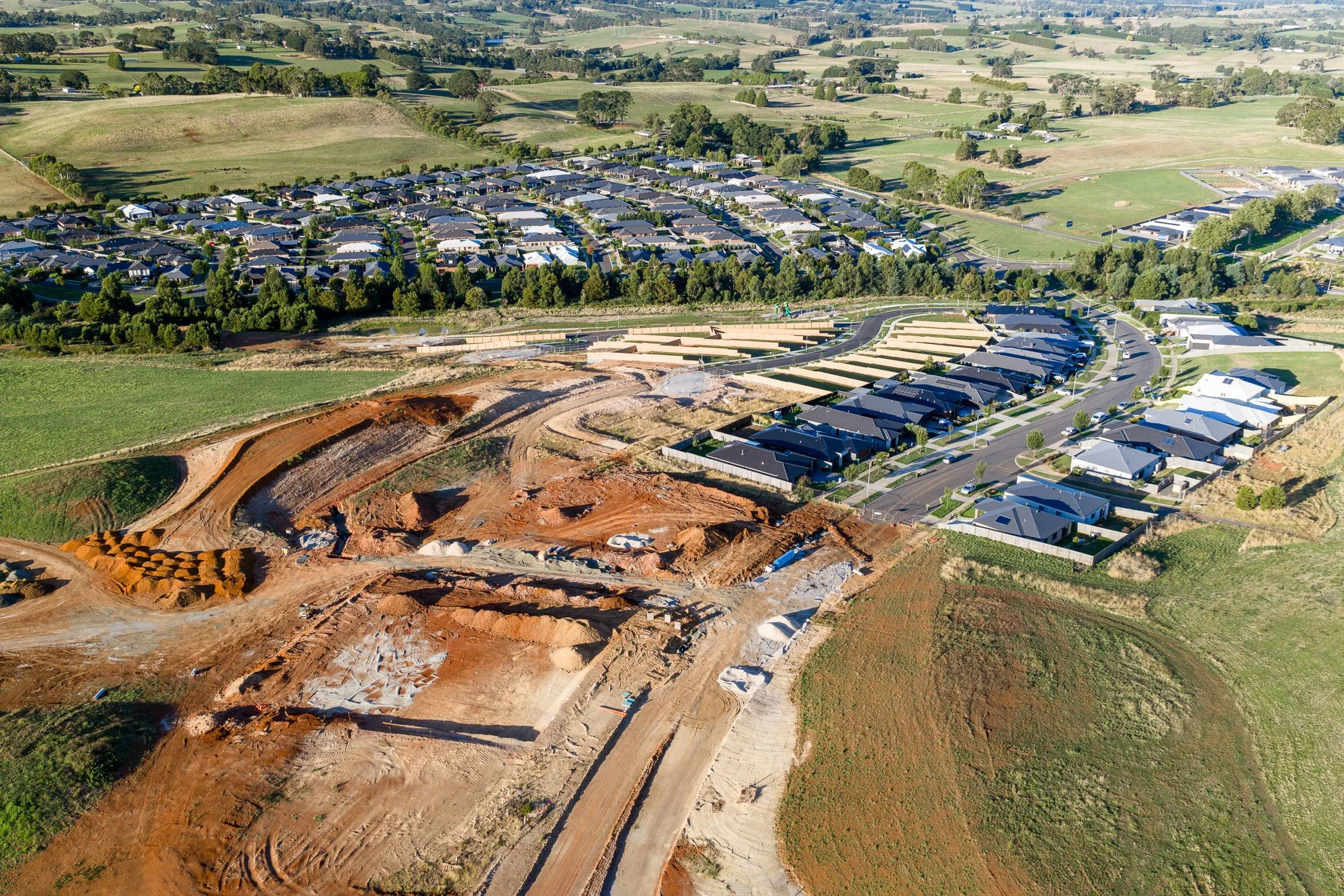 Aerial construction photography Gippsland housing estate development in progress