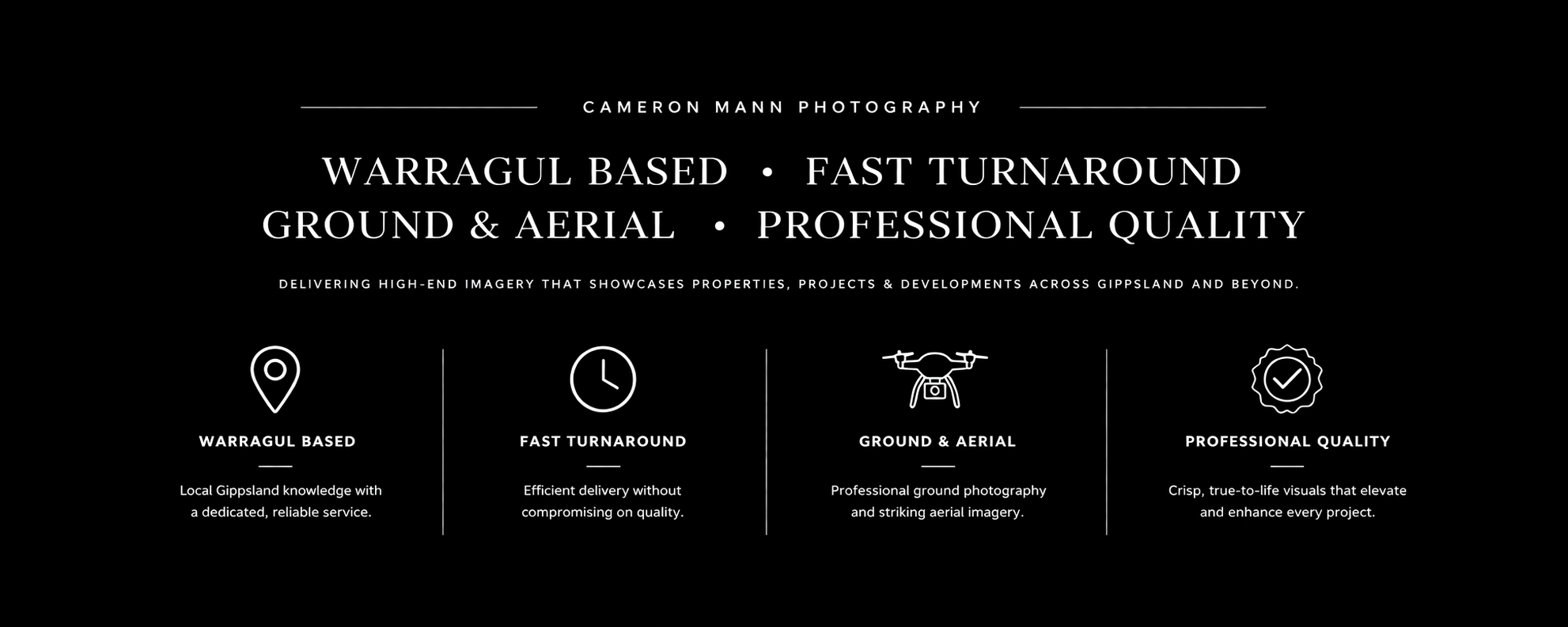 Black promotional banner for Cameron Mann Photography with white text highlighting services: Warragul based, fast turnaround, ground & aerial, professional quality, with icons representing location, clock, drone, and badge, and descriptions underneath.