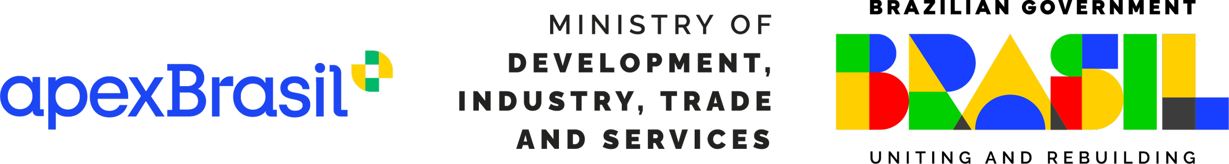 Logo for apexBrasil, Ministry of Development, Industry, Trade, and Services, and Brazilian government featuring colorful geometric shapes and text