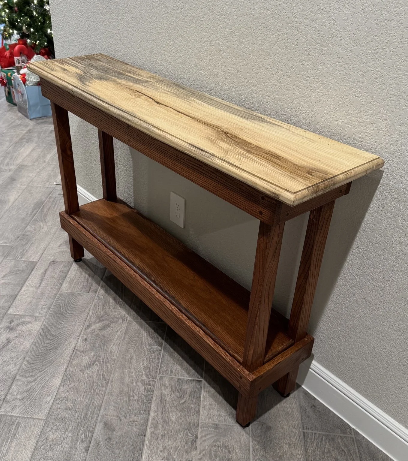 Completed Liberty Woodworks entryway table with hackberry top, red oak base and lower shelf