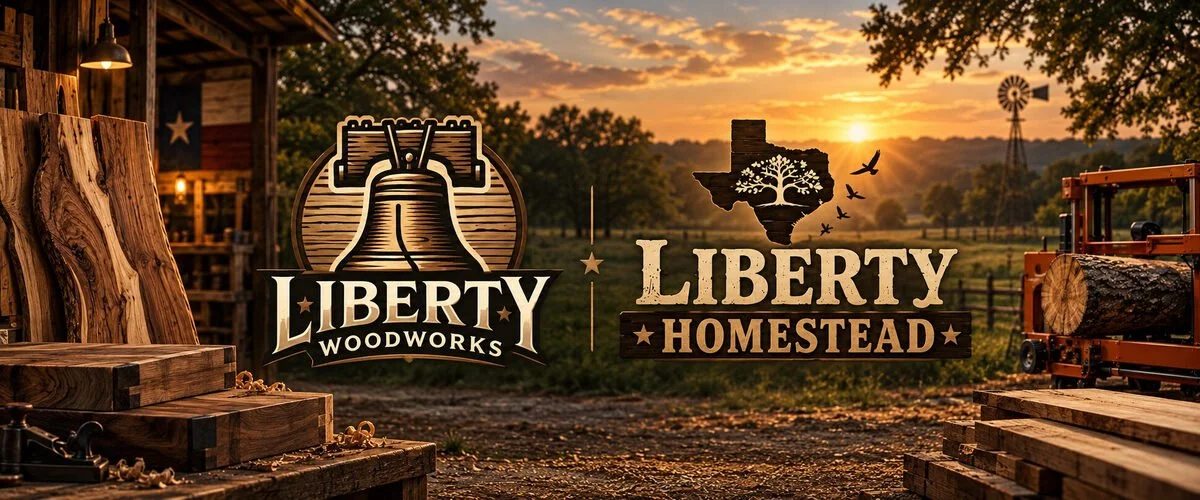 Liberty Woodworks and Liberty Homestead dual-brand banner with woodworking, sawmill, and North Texas homestead scene