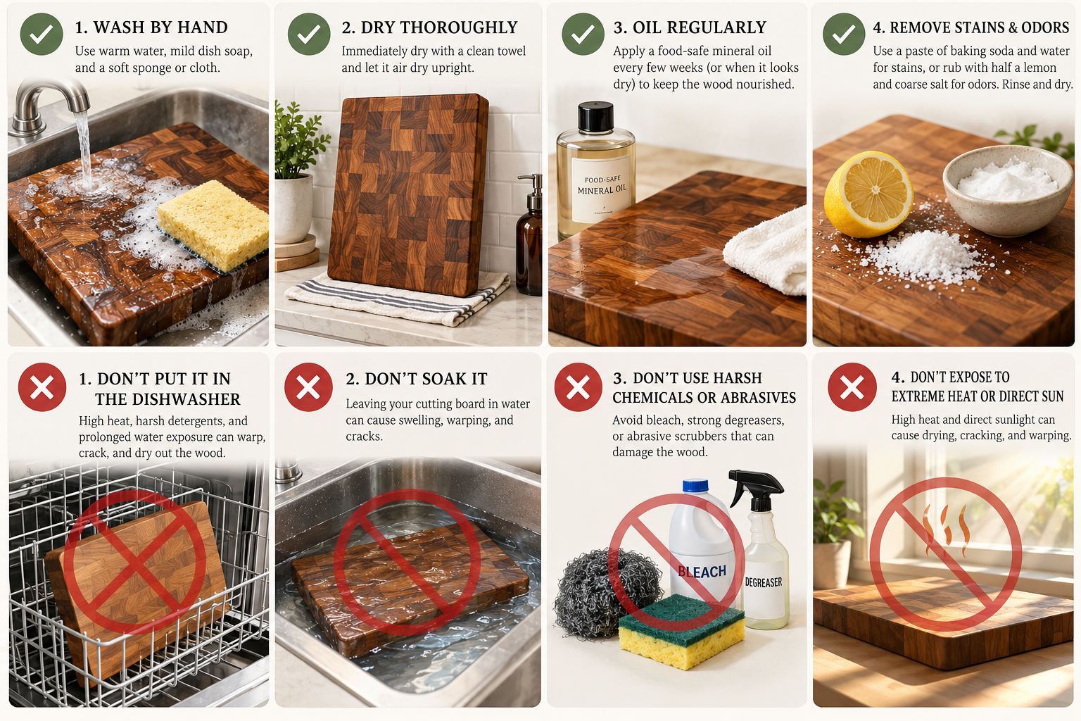 Wooden cutting board care guide showing proper washing, drying, oiling and stain removal plus warnings against dishwashers, soaking, harsh cleaners and extreme heat.