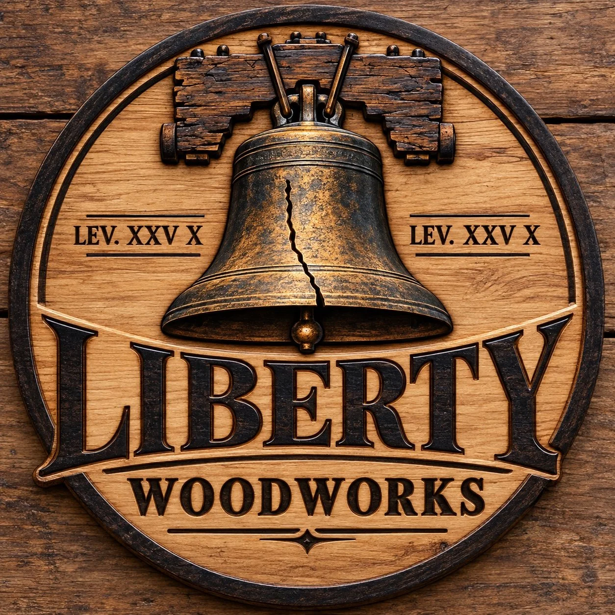Liberty Woodworks logo with Liberty Bell and Leviticus 25:10 reference