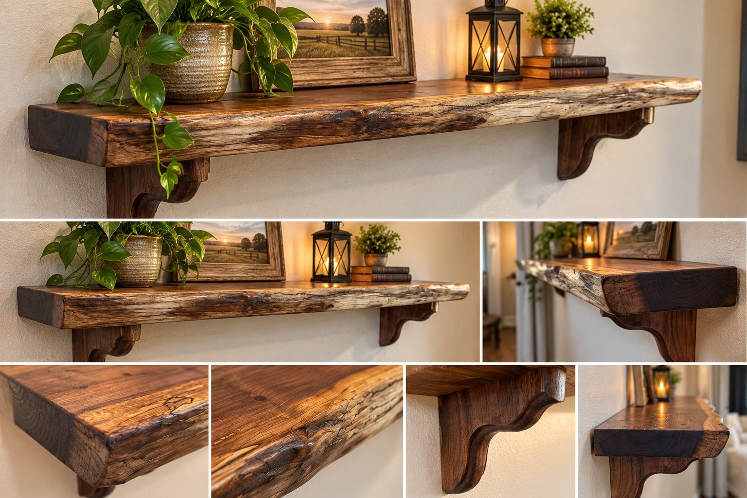 Walnut live-edge corbel shelf design collage showing front, side, top, natural edge, and decorative corbel details