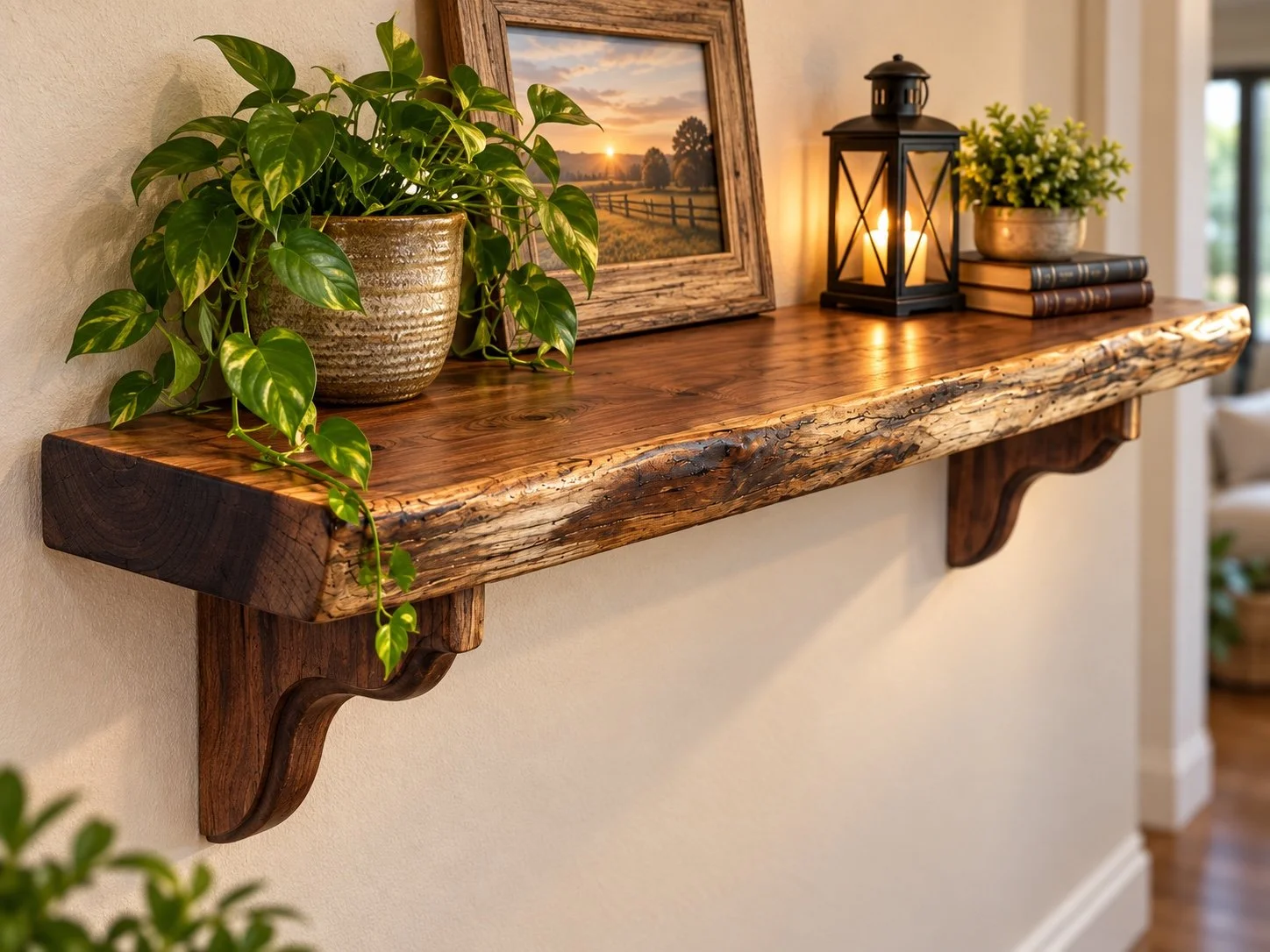 Walnut live-edge corbel shelf with decorative wood supports, styled to show the solid-wood top and natural edge