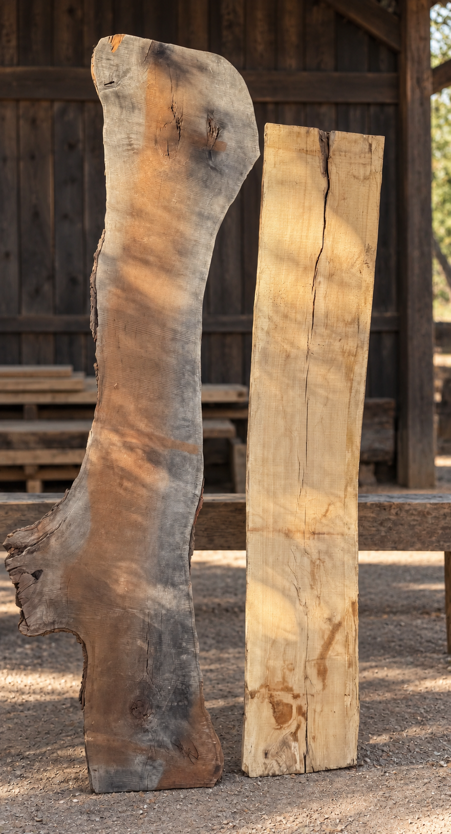 Two live-edge hardwood slabs milled from rescued North Texas logs