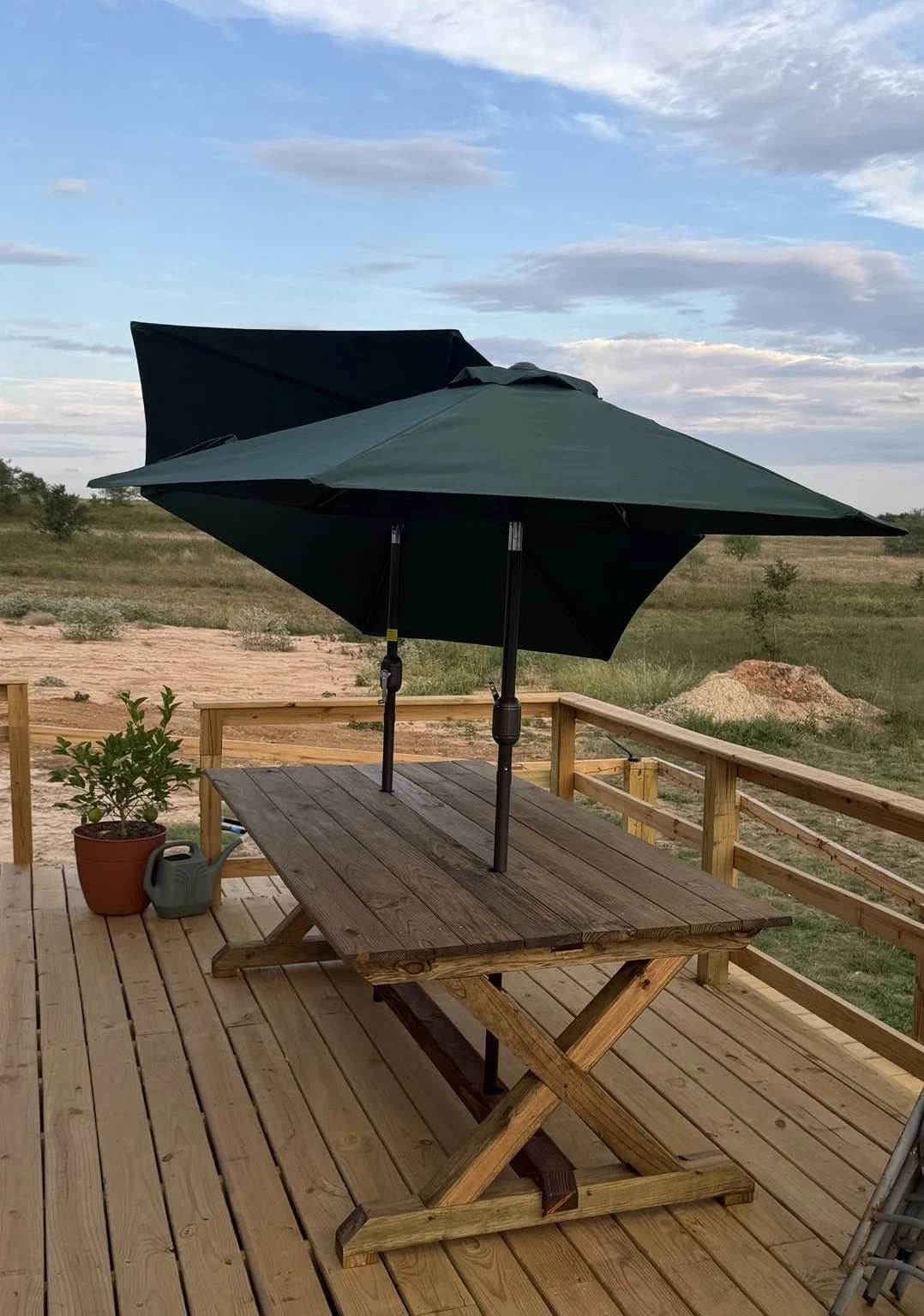 Plank top and timber base of the completed Liberty Woodworks outdoor table