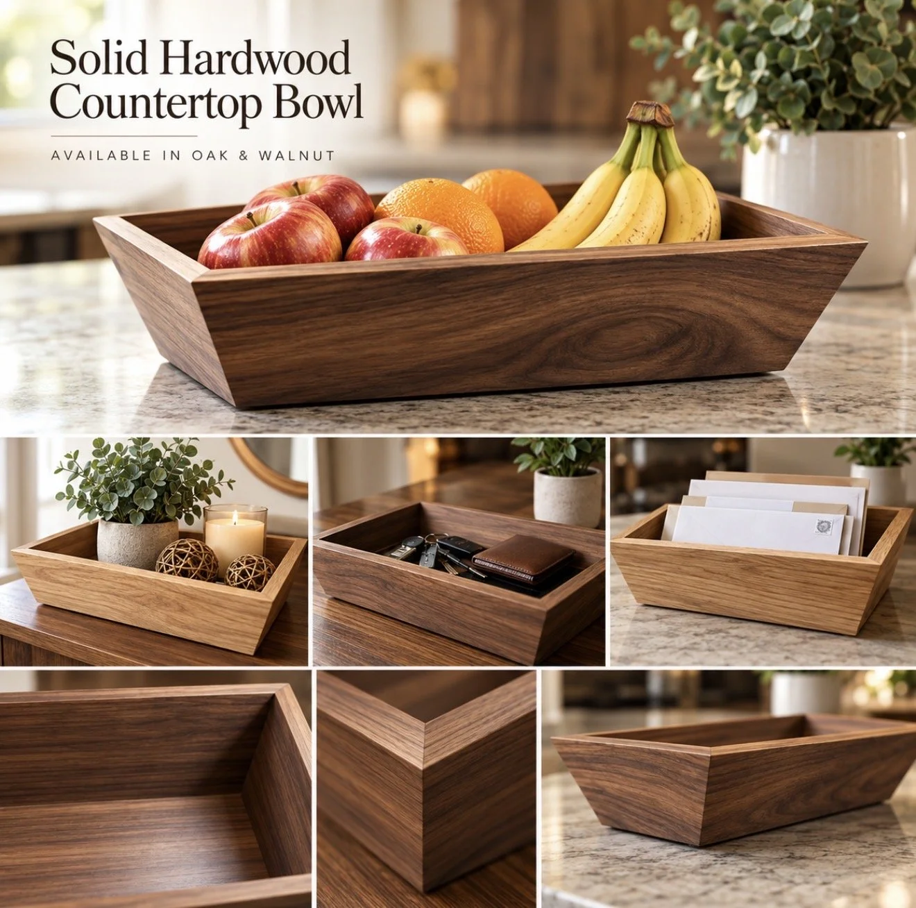 Liberty Woodworks solid hardwood countertop bowl in walnut and oak, shown with fruit, keys, mail and corner details