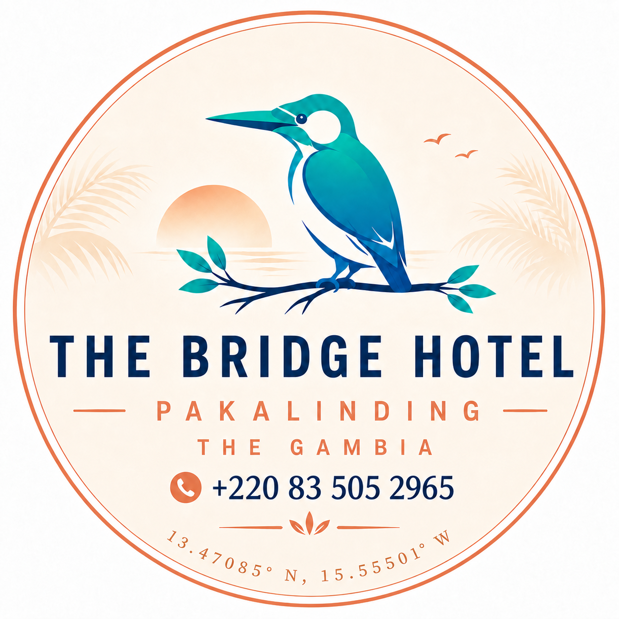 The Bridge Hotel kingfisher logo. Pakalinding, The Gambia. Phone +220 83 505 2965.