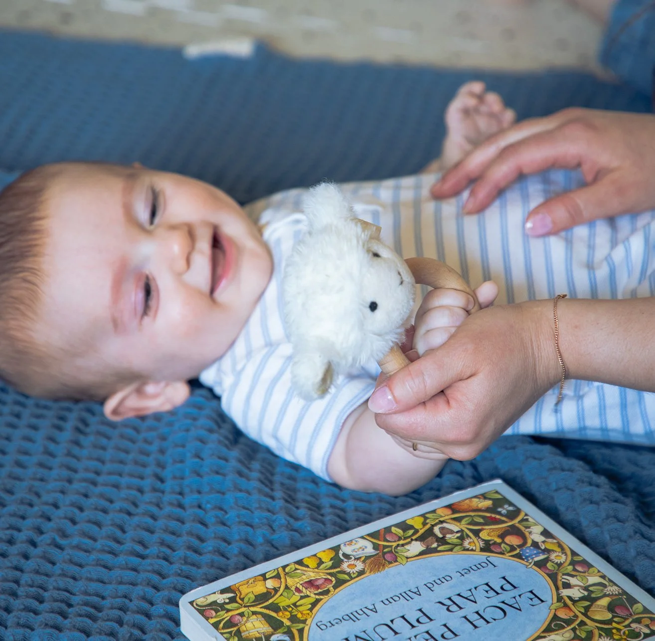 Young boy lying on a blue blanket, smiling, holding a stuffed lamb, and touching an adult's hand. A book titled 'Each POUR PLUM' is visible in the foreground.