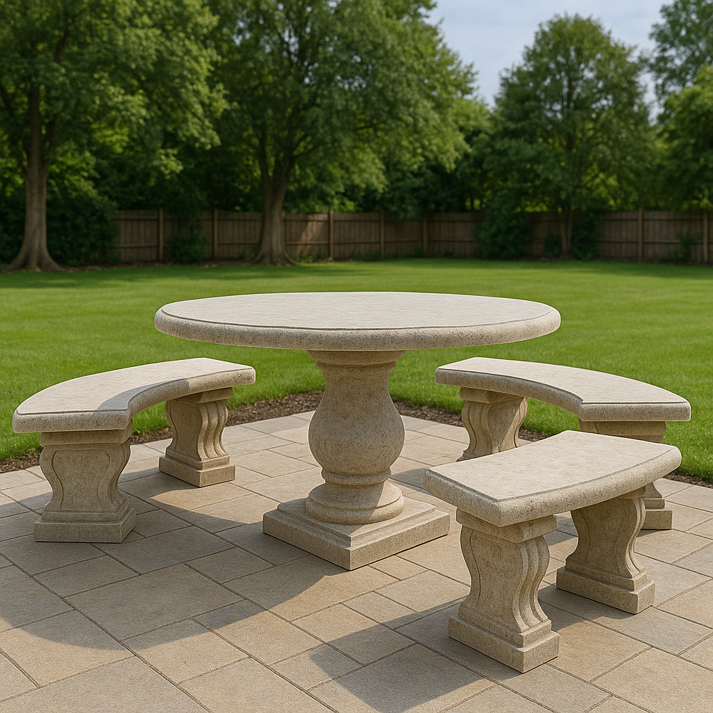 Stone picnic table with three matching stone benches on a paved patio, surrounded by green grass and trees in a backyard.