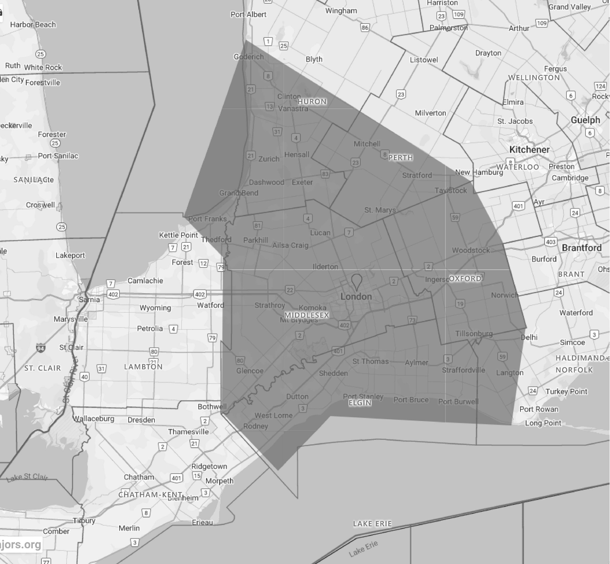 Map of service area coverage in southwestern Ontario