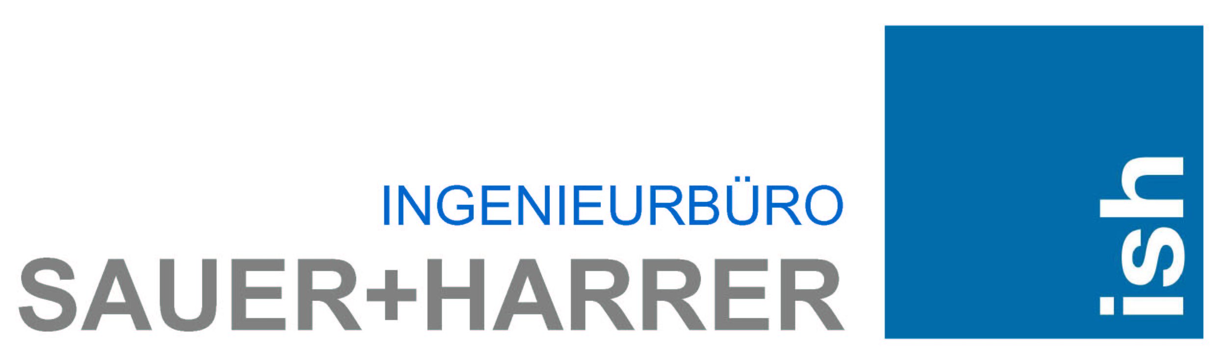 Logo des Ingenieurbüros Sauer + Harrer mit blauer und grauer Schrift auf weißem Hintergrund.