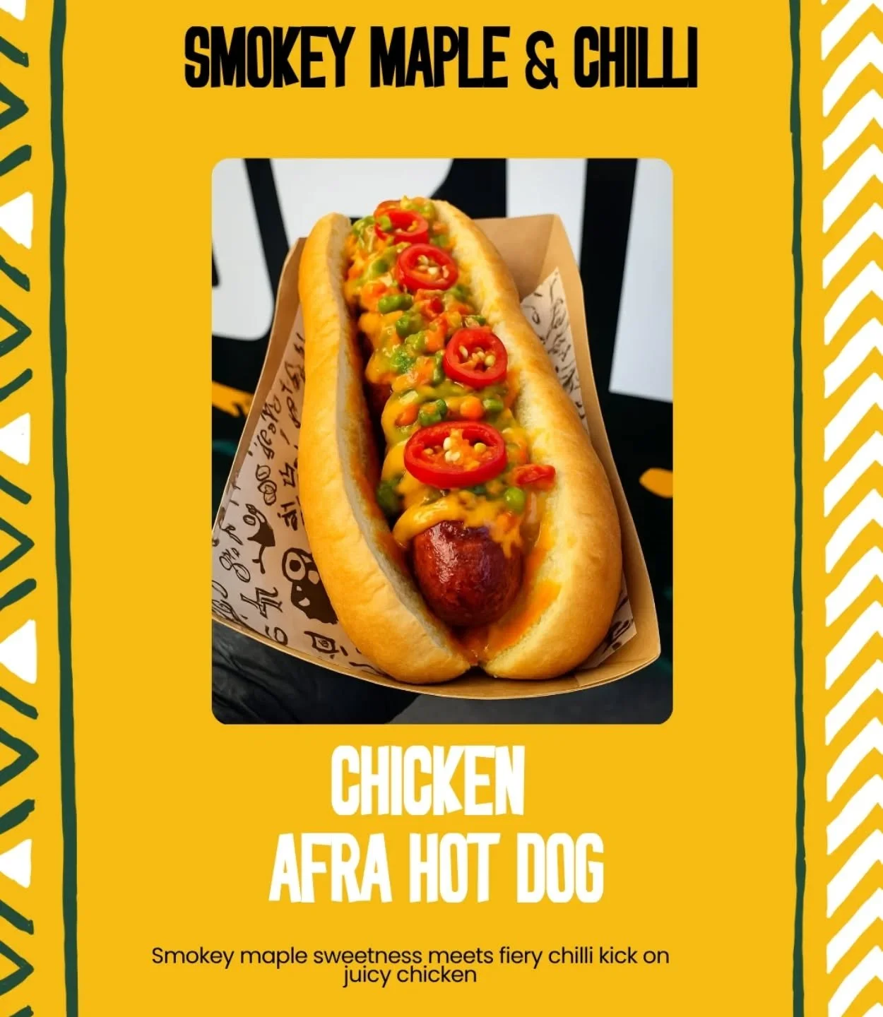 🔥🌭 NEW FOOD ALERT! 🌭🔥

 Introducing our Afra Chicken Hot Dog &ndash; a  bomb waiting to explode in your mouth! 

😋 Spicy Afra spices meet juicy grilled chicken, all wrapped up in a soft, squishy bun and topped with sauces that'll set your taste 